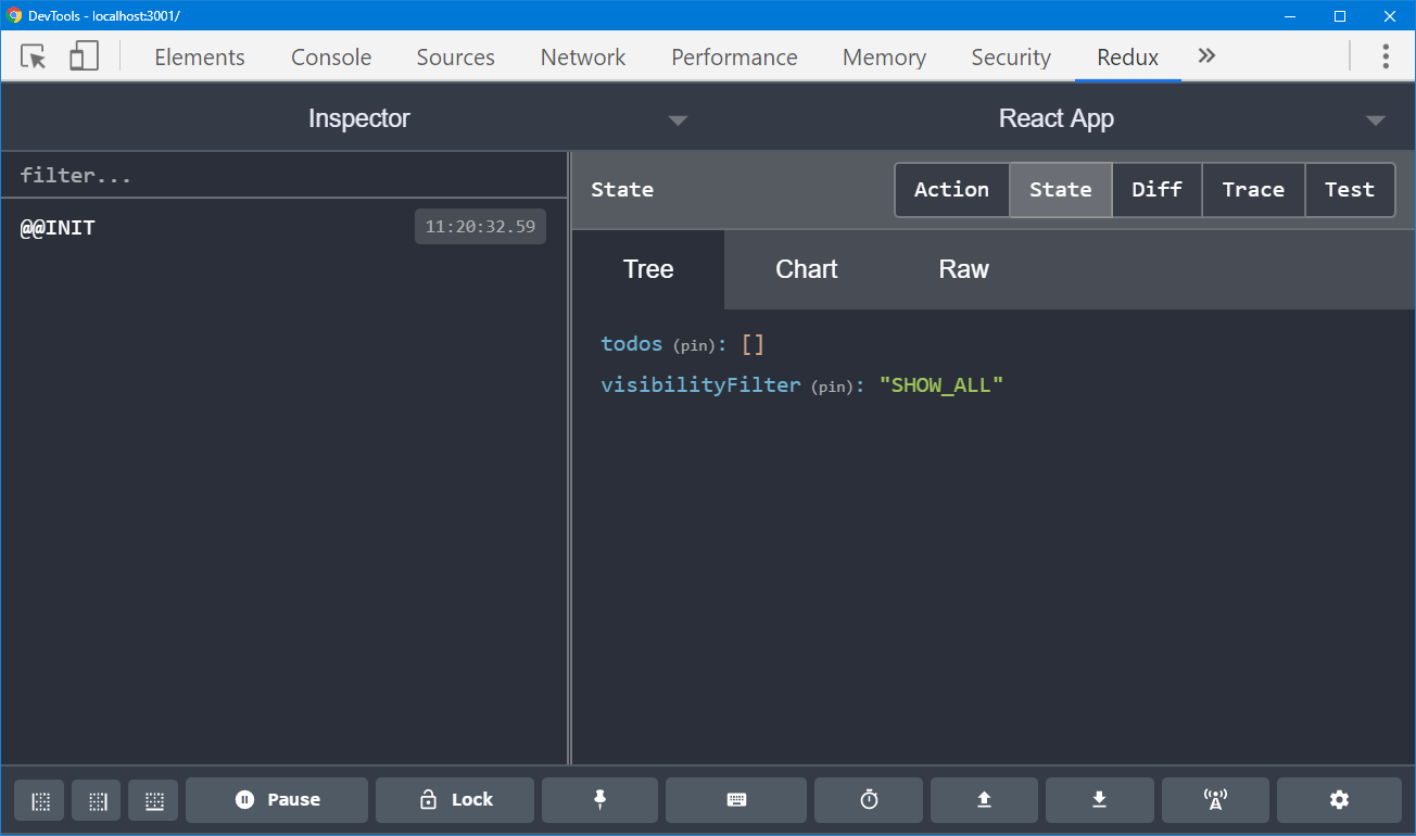 展示 Redux DevTools 初始状态的插件截图